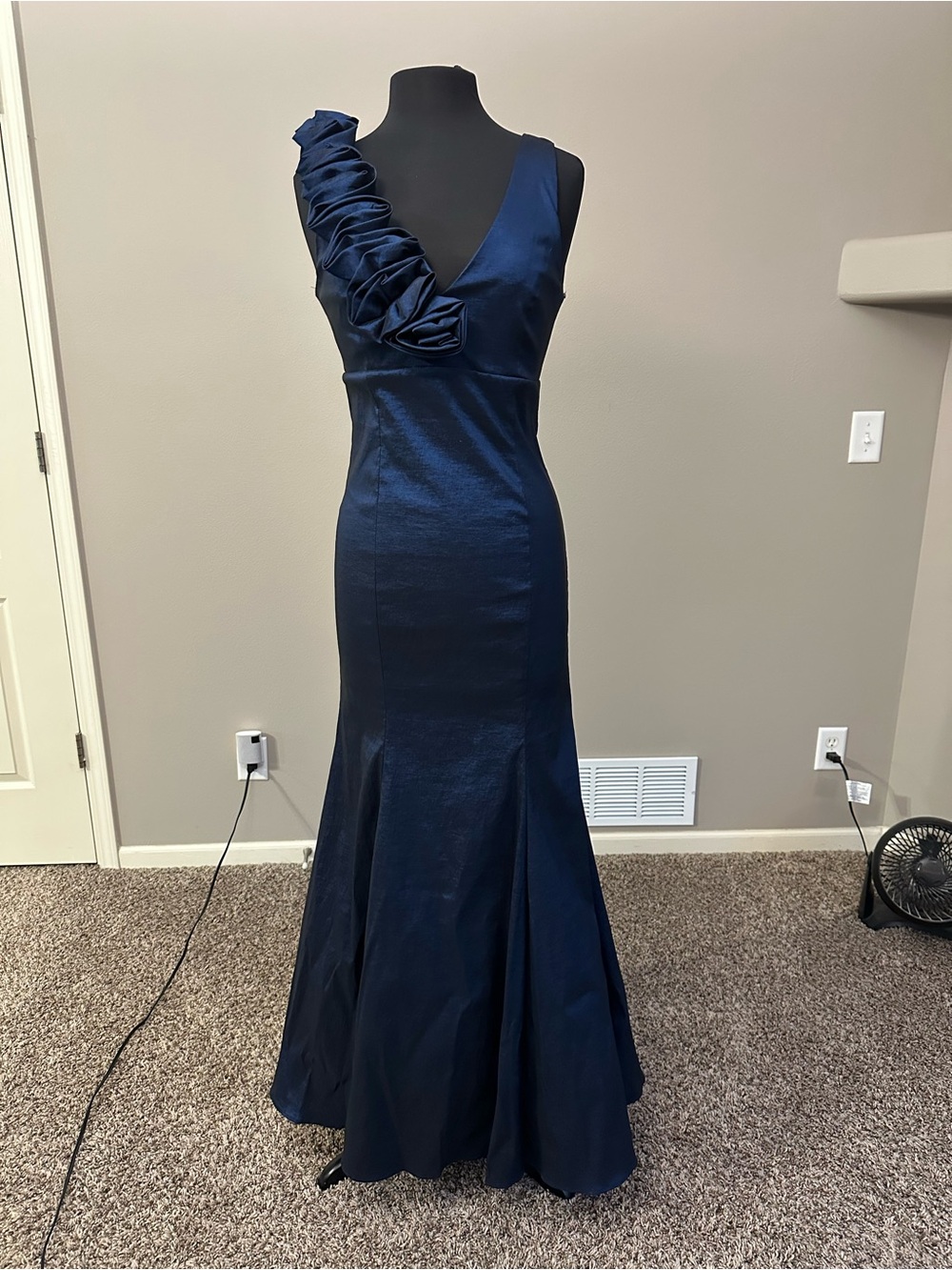 Xscape Navy One-Shoulder Ruffle Mermaid Gown